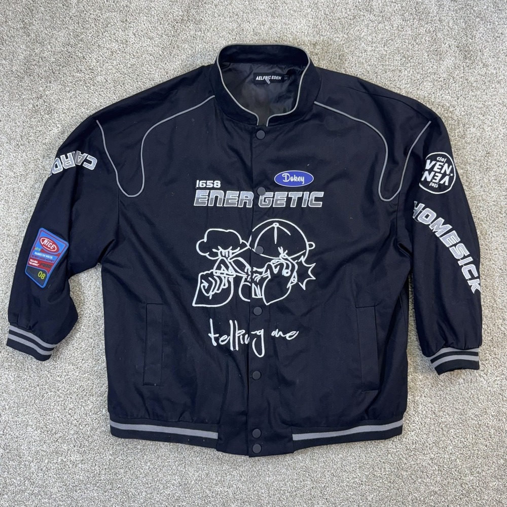 Aelfric Eden Mens Energetic Graphic Racing Bomber Jacket Black Size Large Large